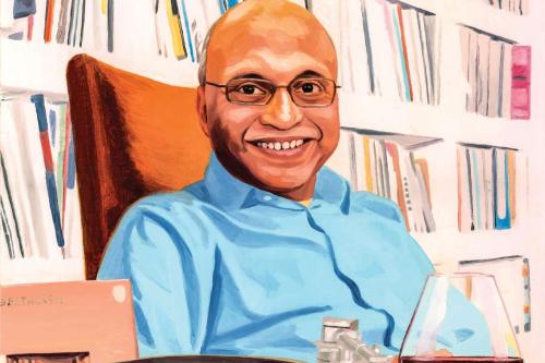 A painting of Arjun Deb sitting before books. 
